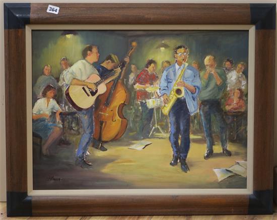 Jo Hodder, oil on board, musicians